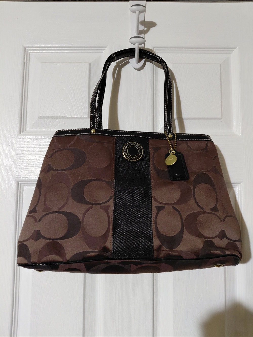 Coach Brown Striped Signature C Woven Canvas Optic Kiss Lock Satchel